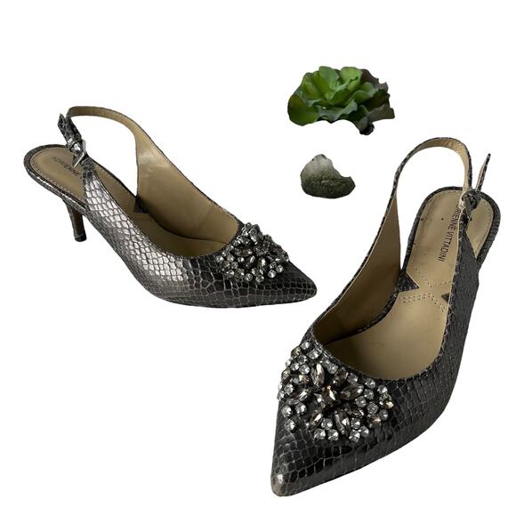 Adrienne Vittadini Surya Slingback Shoes Sz 6M Snake Skin Crystals Pewter Glam - Picture 15 of 15